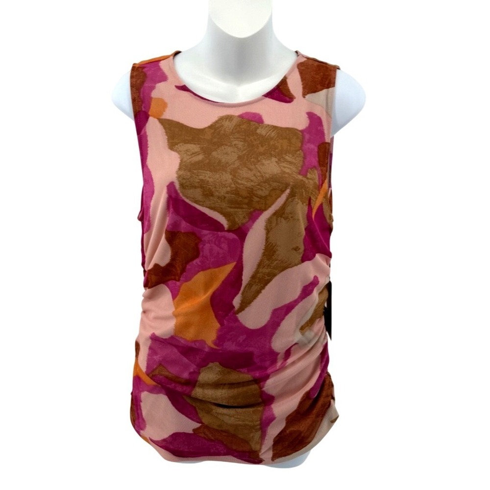 Halogen Womens Ruched Sleeveless Blouse Pink Abstract Stretch Top Large NWT